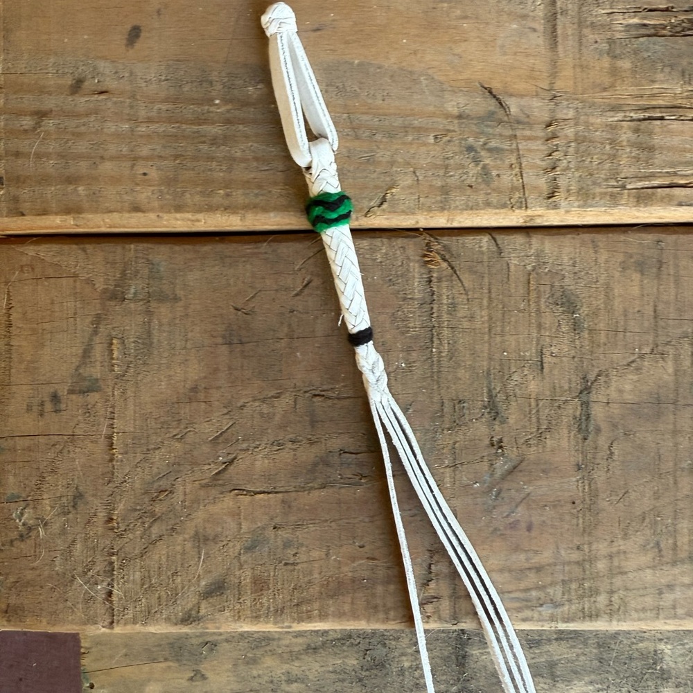 White Braided Leather Keychain with Green Accent